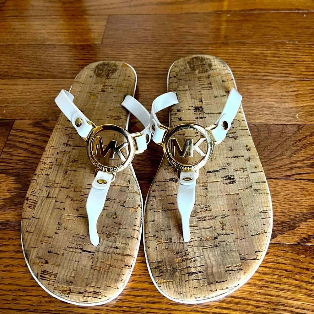 Michael Kors White and Gold Cork-Print Leather Thong Sandals